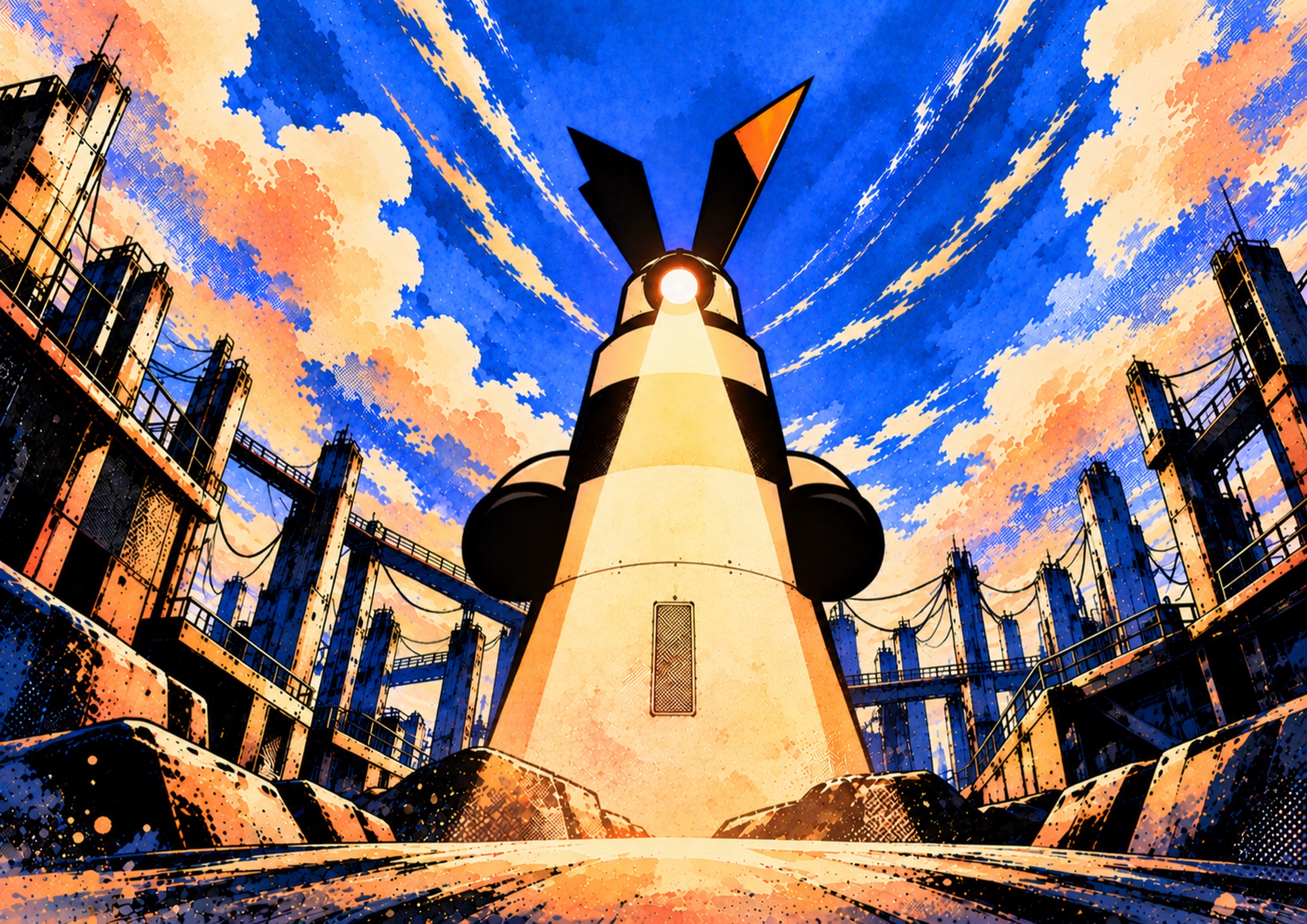 Master VFG SIGNAL : robot-phare monumental au centre d’une ville illustrée